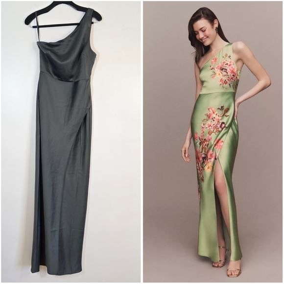 NWT BHLDN Anthropologie One Shoulder Stretch Satin Dylan Dress Dark Gree… - Picture 2 of 11
